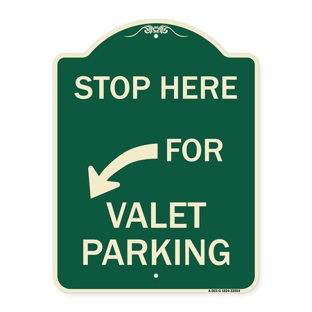 SIGNMISSION Stop Here for Valet Parking Left Arrow Heavy-Gauge Aluminum Sign, 24" x 18", G-1824-22854 A-DES-G-1824-22854